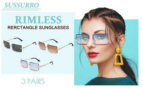 SUSSURRO 3 Pair Rimless Rectangle Sunglasses UV Protection Metal