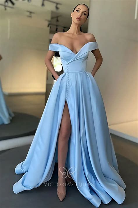 Trending Light Blue Satin Off Shoulder Slit Puffy Dress Vq