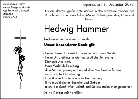 Traueranzeigen von Hedwig Hammer Schwarzwälder Bote Trauer