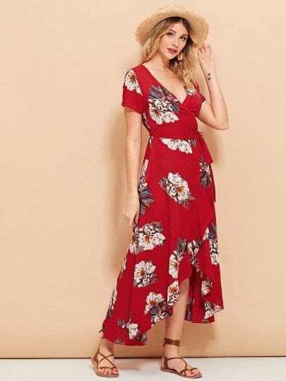 SHEIN Surplice Neck Floral Ruffle Hem Dress Ruffle Hem Dress Hem