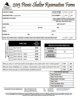 Fillable Online Picnic Shelter Reservation Form Pub City Of