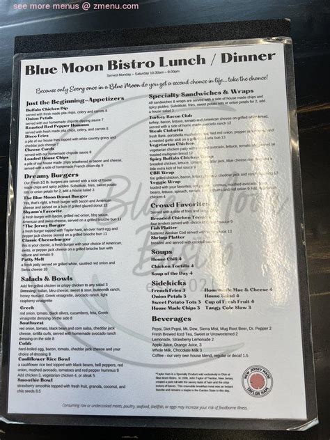 Menu At Blue Moon Bistro Cafe Holmesville