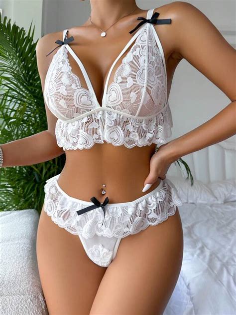 Heart Lace Bow Front Lingerie Set SHEIN UK