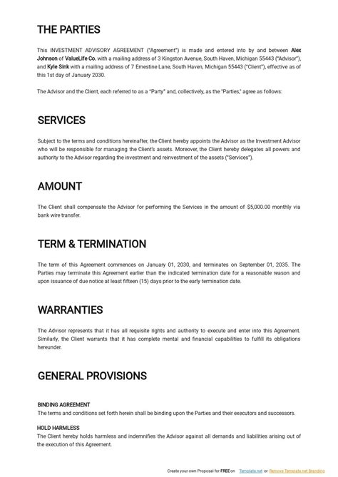 Investment Advisory Agreement Template Google Docs Word Apple Pages