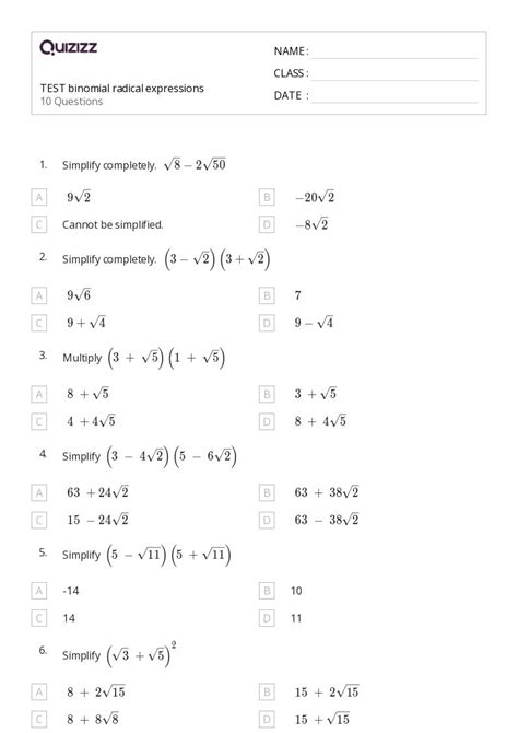 50 Radical Expressions Worksheets For 10th Class On Quizizz Free