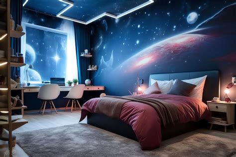 Premium AI Image | Galaxy themed bedroom featuring wall murals of star