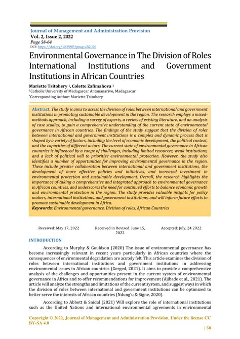 Pdf Environmental Governance In The Division Of Roles International