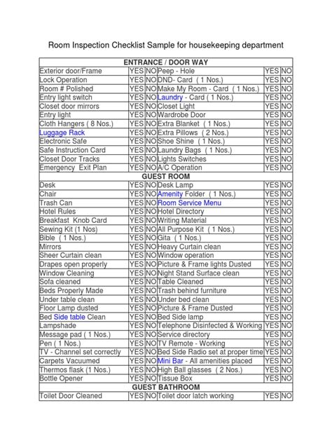 Room Inspection Checklist Sample For Housekeeping Department Pdf