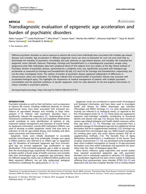 Pdf Transdiagnostic Evaluation Of Epigenetic Age Acceleration And