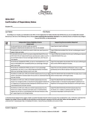 Fillable Online Pasadena Confirmation Of Dependency Status