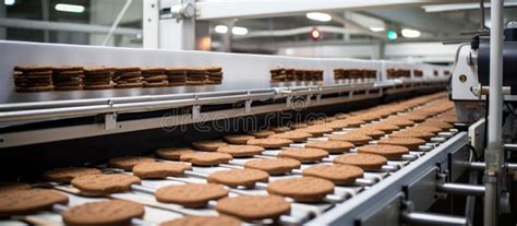 A Conveyor Track Filled With Cookies Moves Inside A Bakery Stock Image