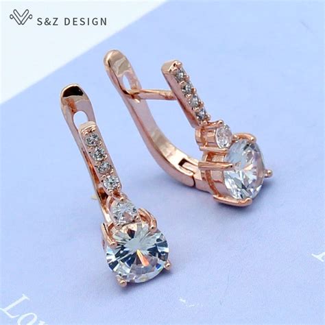 Sandz Round Micro Wax Inlay Cubic Zirconia Dangle Earrings 585 Rose Gold