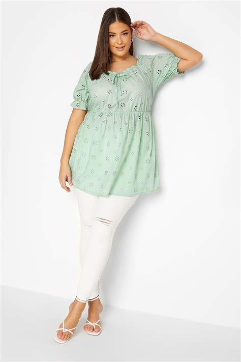 Yours Plus Size Curve Mint Green Broderie Anglaise Peplum Top Yours Clothing