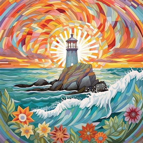 Premium Ai Image A Painting Of A Lighthouse With Flowers And A