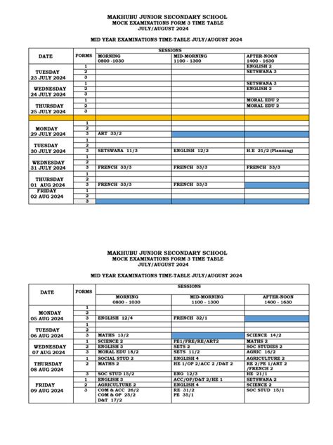 Mock Exam Timetable Makhubu Autosaved Pdf