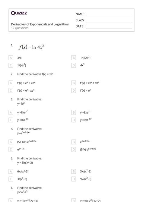 50 Derivatives Of Exponential Functions Worksheets For 11th Grade On