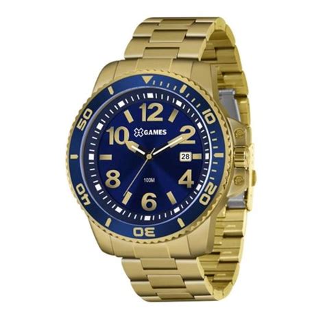 Rel Gio X Games Masculino Dourado Xmgs D Kx Fundo Azul Rel Gio