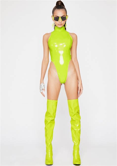 Neon Green Vinyl Mock Neck Bodysuit Dolls Kill