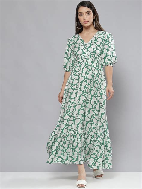 Buy Femella Green And White Floral Tiered Maxi Dress Dresses For Women 19624106 Myntra