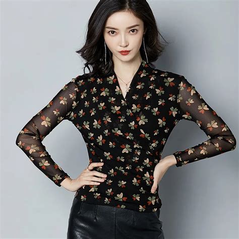 Elegant Black Red Fashion Chiffon Blouse Women Sexy V Neck Flower Print