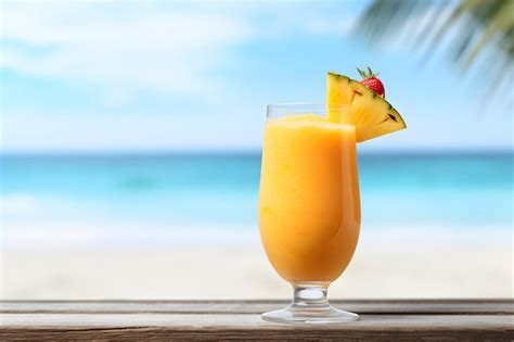 Premium AI Image A Glass Of Mango Smoothie Shot Beach Background