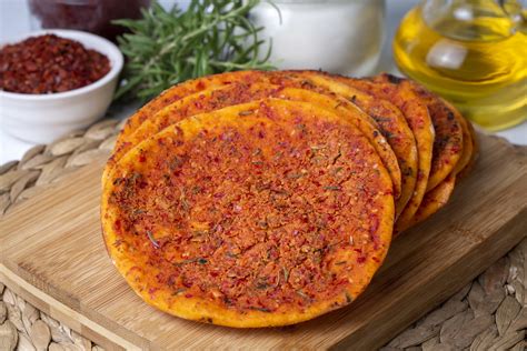 Traditional Turkish Biberli Ekmek Flat bread with red pepper Sümbül