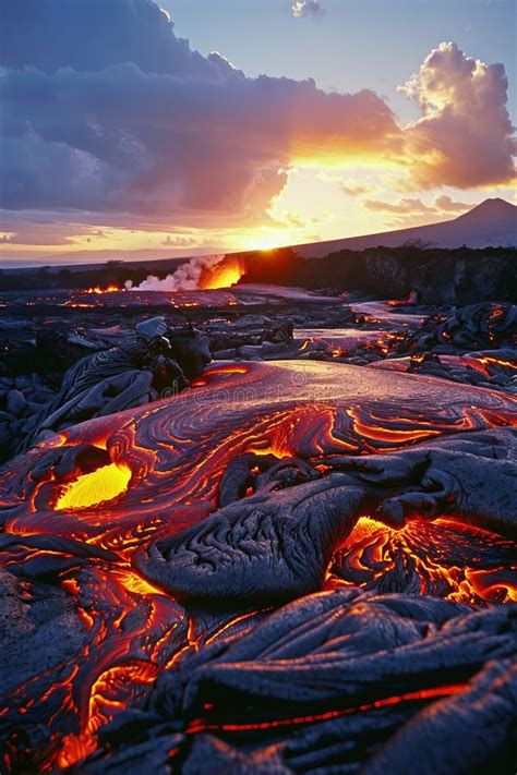 Sunlit Lava Fields With Glowing Red And Orange Lava Flows Steam Rising