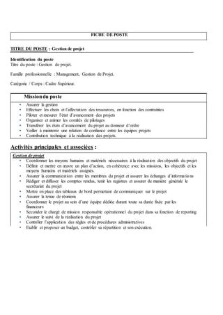 Fiche De Poste Gestioonaire De Projet PDF