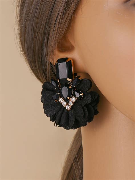 Rhinestone Flower Decor Stud Earrings Black Statement Earrings