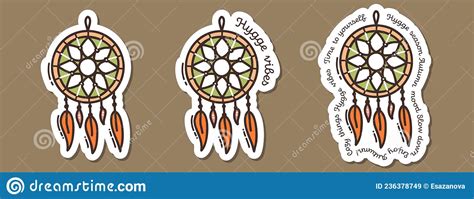 Colorful Hand Drawn Autumn Sticker Set With Dreamcatcher Stock Vector