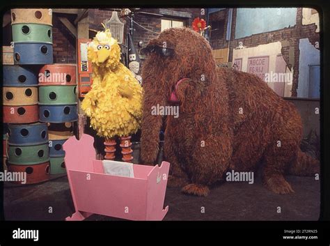 A 1977 Photo Of Rehearsals On The Set Of Sesame Street Showing Big Bird