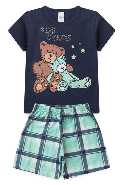 Pijama Infantil Masculino Verao - Pijama Infantil Masculino Verão Bear Friends - Hey Kids - Azul Escuro