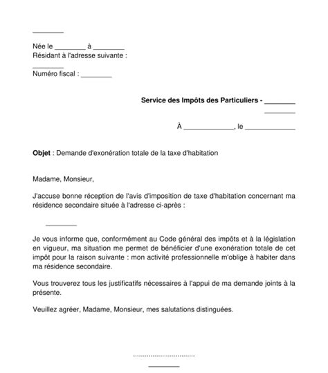 Lettre De Demande Dexonération De La Taxe Dhabitation