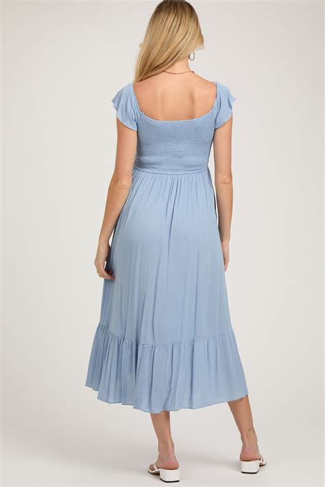 Light Blue Smocked Ruched Ruffle Hem Maternity Maxi Dress Pinkblush