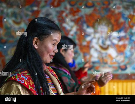 Bhutanese Women Dancing During Ura Yakchoe In The Temple Bumthang Ura