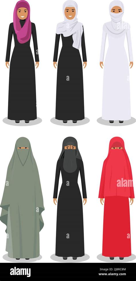 Ilustración detallada de las diferentes mujeres árabes en pie en la