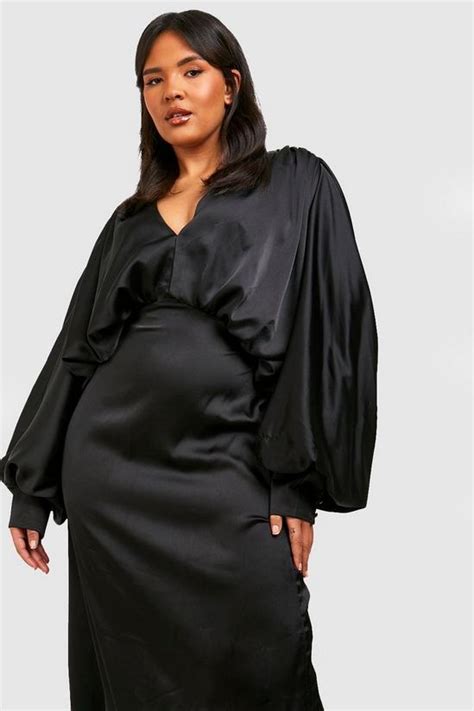 Dresses Plus Satin Plunge Blouson Sleeve Maxi Dress Boohoo