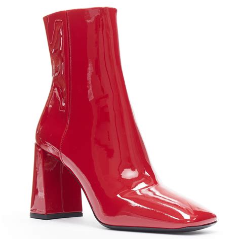 New Prada Lipstick Red Patent Square Toe Chunky Heel Ankle Boot Eu35 At