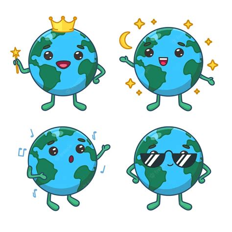 Free Vector Set Of Cute Cartoon Earth Character Singing Song Wearing