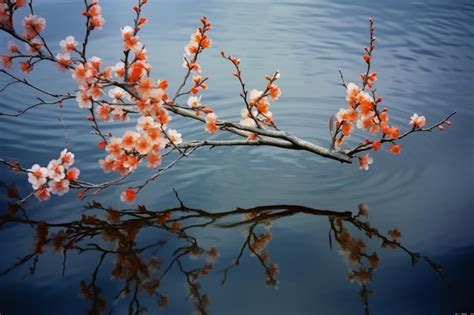 Premium AI Image A Branch Of A Tree With Orange Flowers Is Reflected