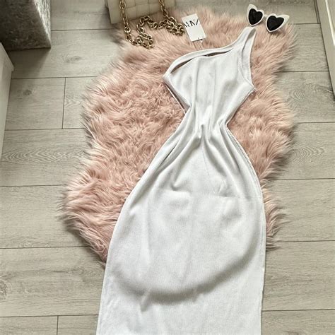 Zara White Ribbed Midi Dress With Cut Out Side Size L Depop