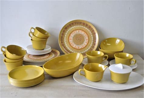 Vintage Mid Century Melmac Dinnerware 27 Piece Set Orange Harvest Gold Orange Yellow White