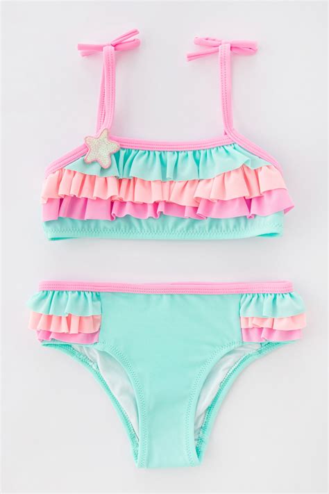 Aqua Albastru Feti e Colorful Frill Bandeau Bikini Seti Fetițe PLMLWHMW IYBU Penti Romania