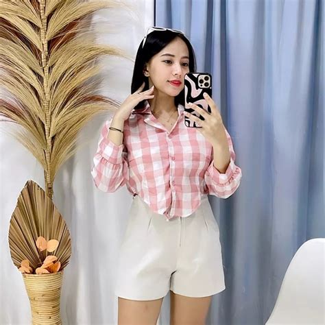 Atasan Kemeja Crop Puff Chia Kotak Lengan Panjang Dusty Ktk 3cm