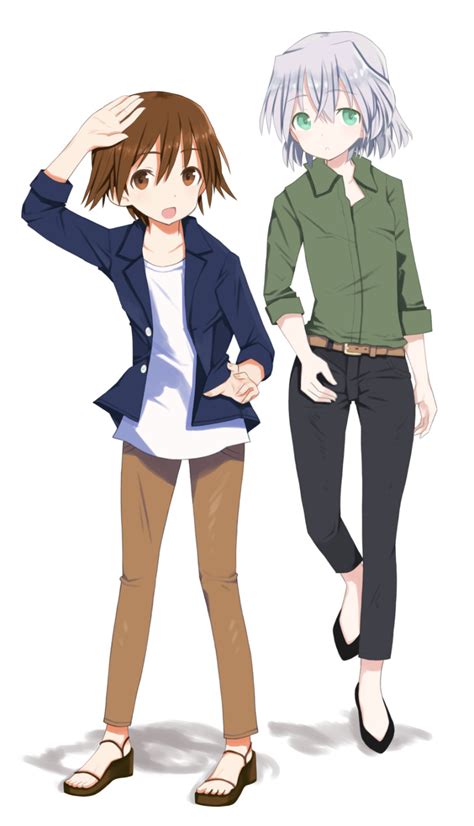 Safebooru 2girls Alternate Costume Brown Eyes Brown Hair Casual Denim