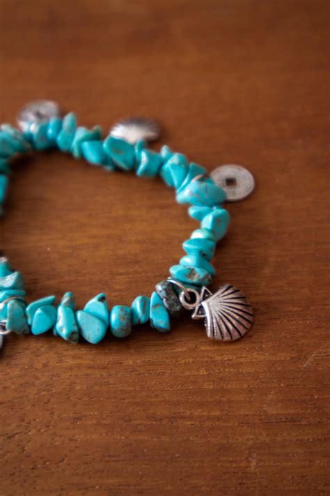 Turquoise Chip Bracelet Elastic Beaded Bracelet Charm Etsy