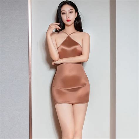 Ice Silk Smooth See Through Mini Dress Bandage Oil Glossy Shiny Dress