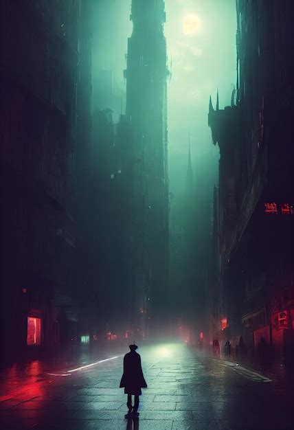 Homem Andando Em Uma Cidade Cyberpunk Noite Pintura Digital De Um