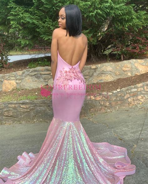 2019 New Pink Black Girls Prom Dresses Halter Neck Backless Mermaid