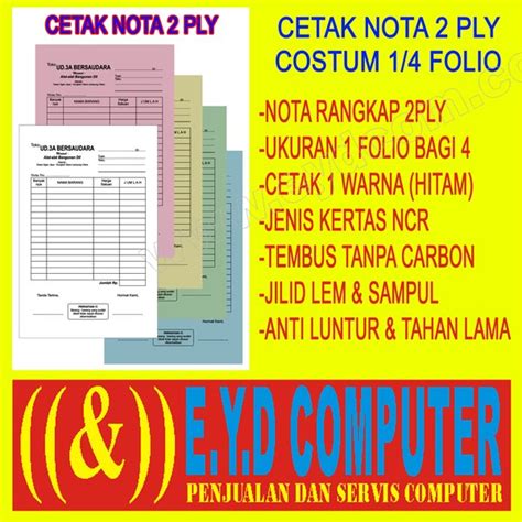 Jual Cetak Nota Ply Folio Bagi Kertas Ncr Costum Isi Nota Rangkap